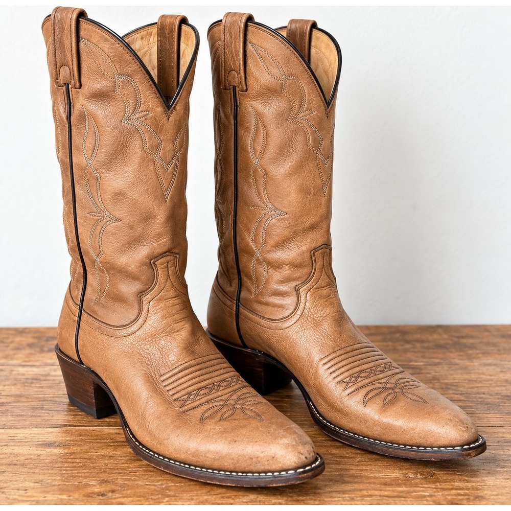 Dan Post Cowboy Boots Mens 8.5 D Tan Brown Leather Western Pointed Toe Vintage